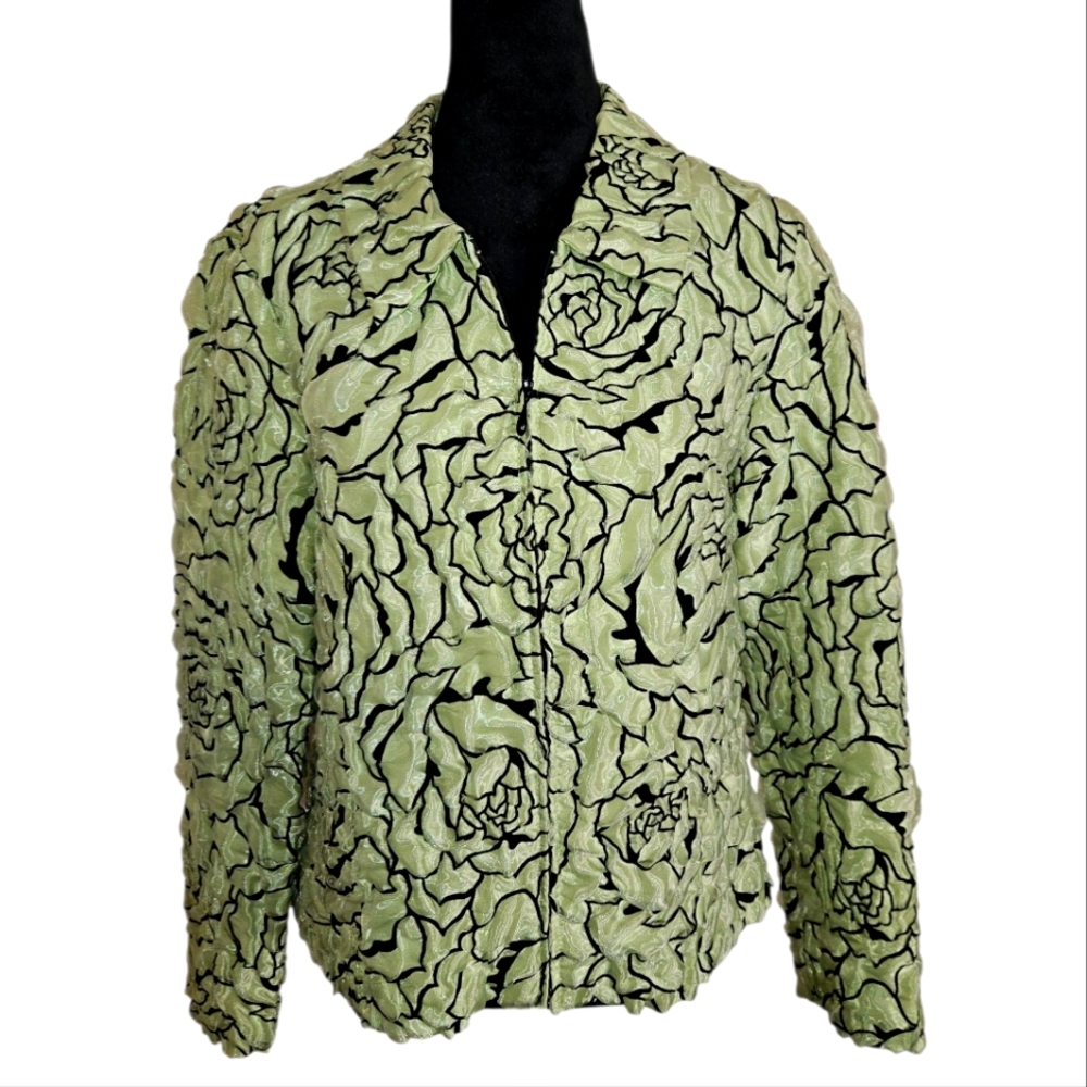 Vintage ALGO Lime Green Floral Lightweight Shimmer Scrunched Fabric Jacket XL